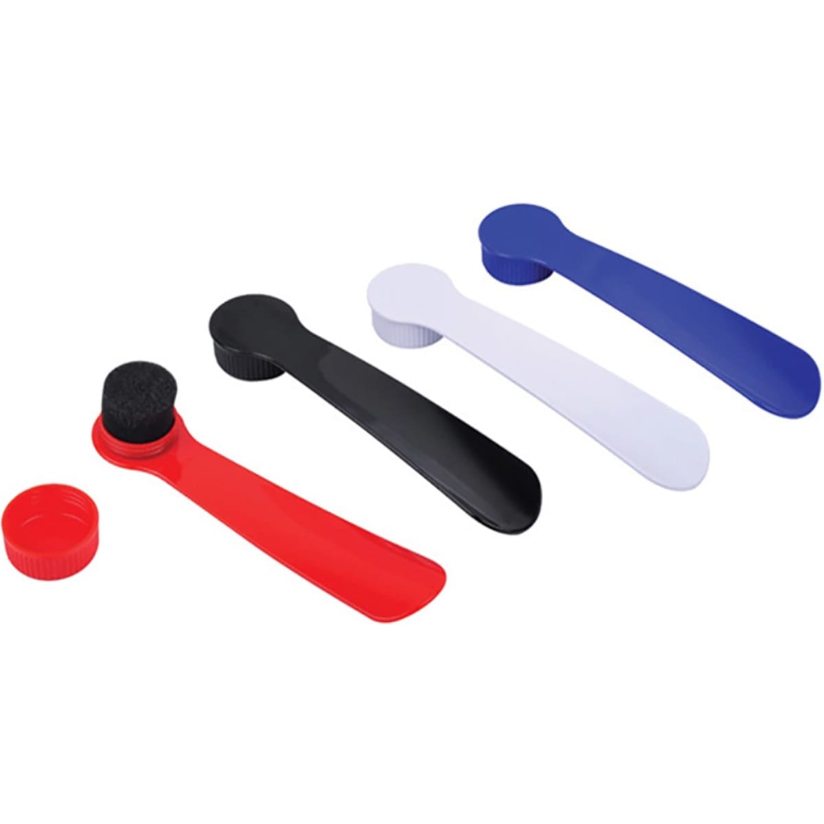 A shoe horn and shoe brush set featuring red, black, white, and blue tools, including a cap for storage.