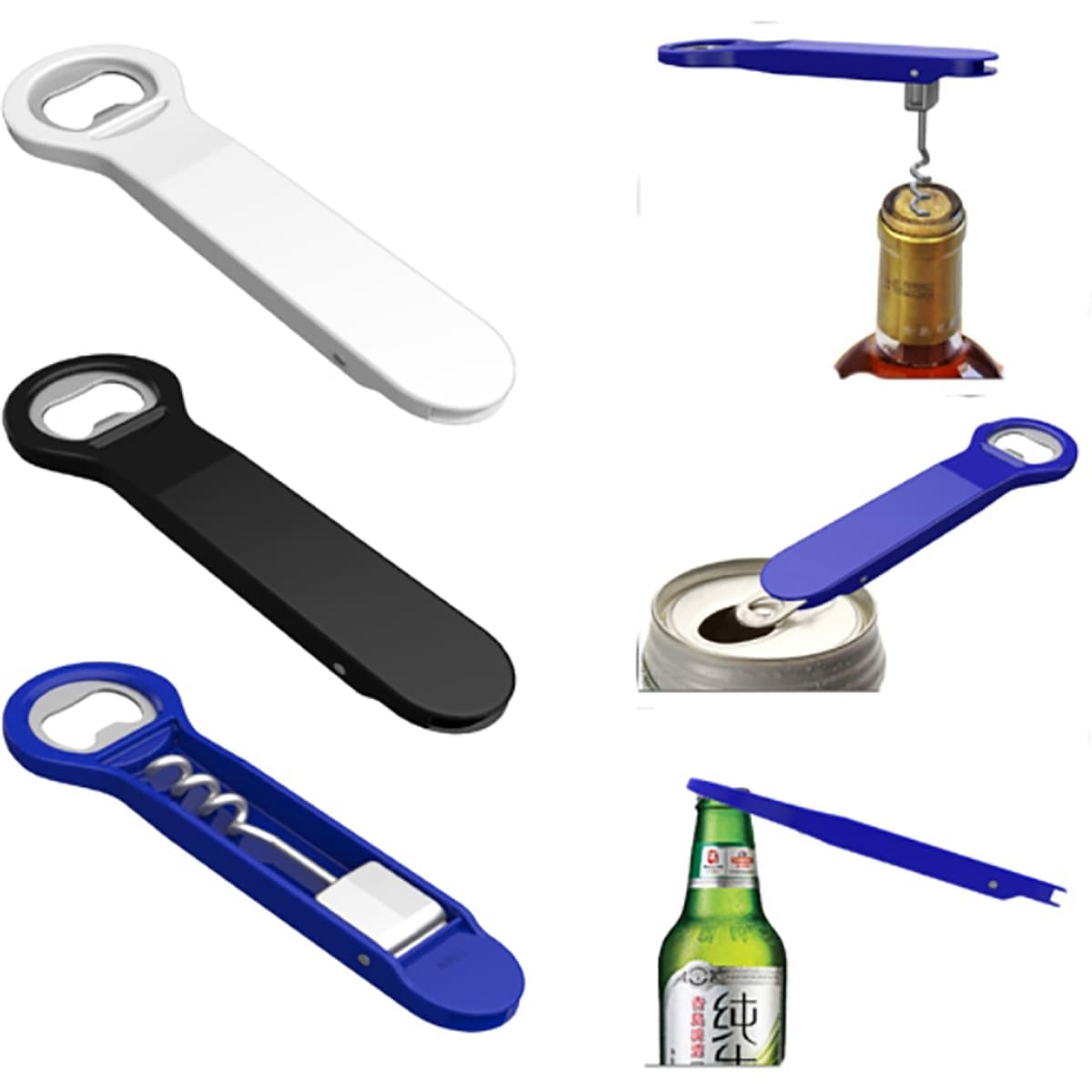 A drink bottle opener in three colours: white, black, and blue, featuring a logo on the design.