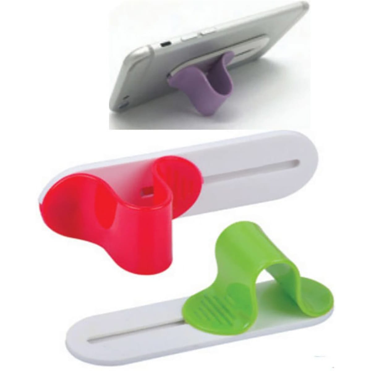A mobile holder in vibrant colours of pink, green, and purple, designed to support smartphones securely.
