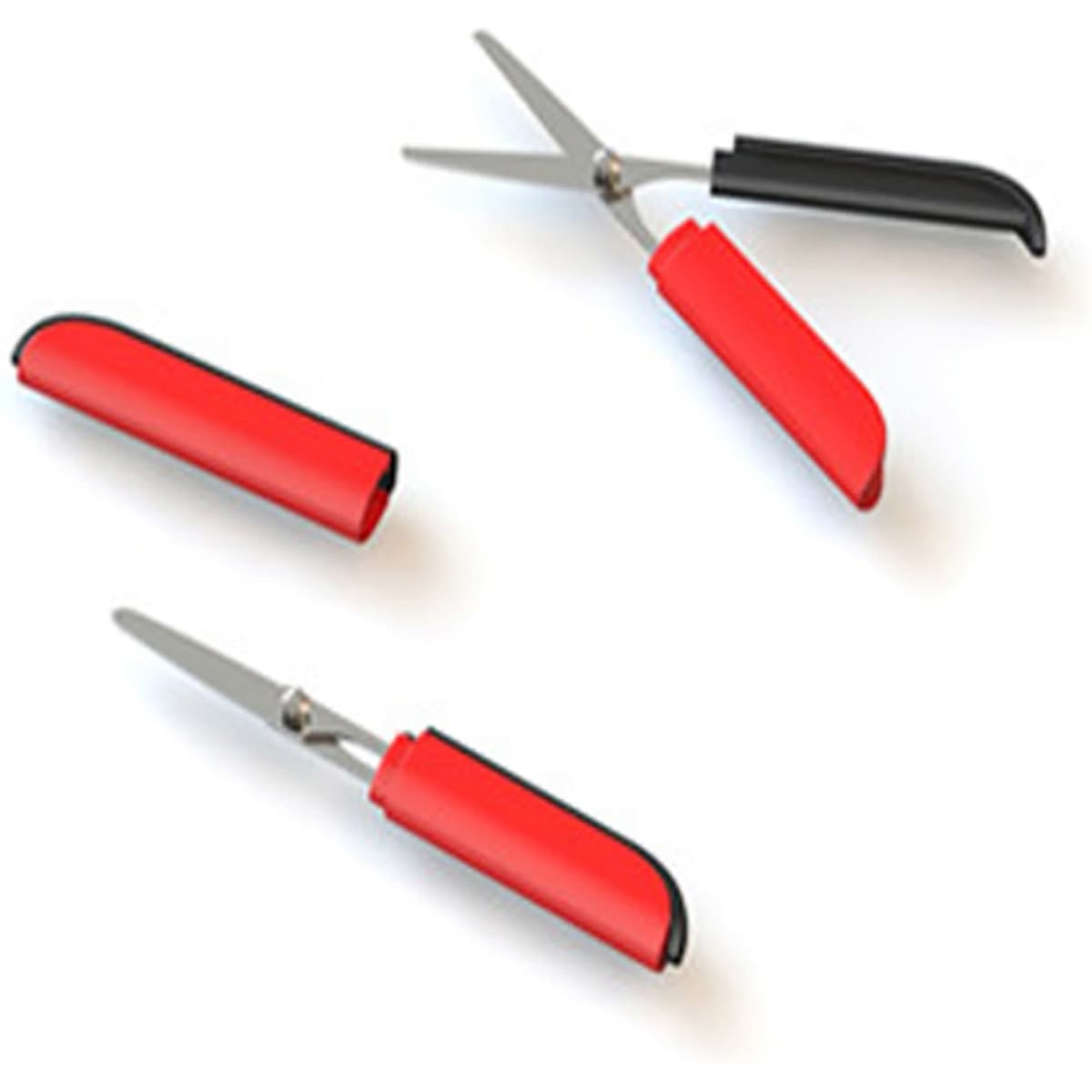 A pair of red scissors with black handles and a protective cover, featuring a sleek design.