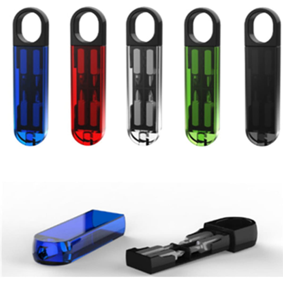 A collection of five brightly coloured tool sets in blue, red, green, and black, with a transparent casing displaying the tools inside.