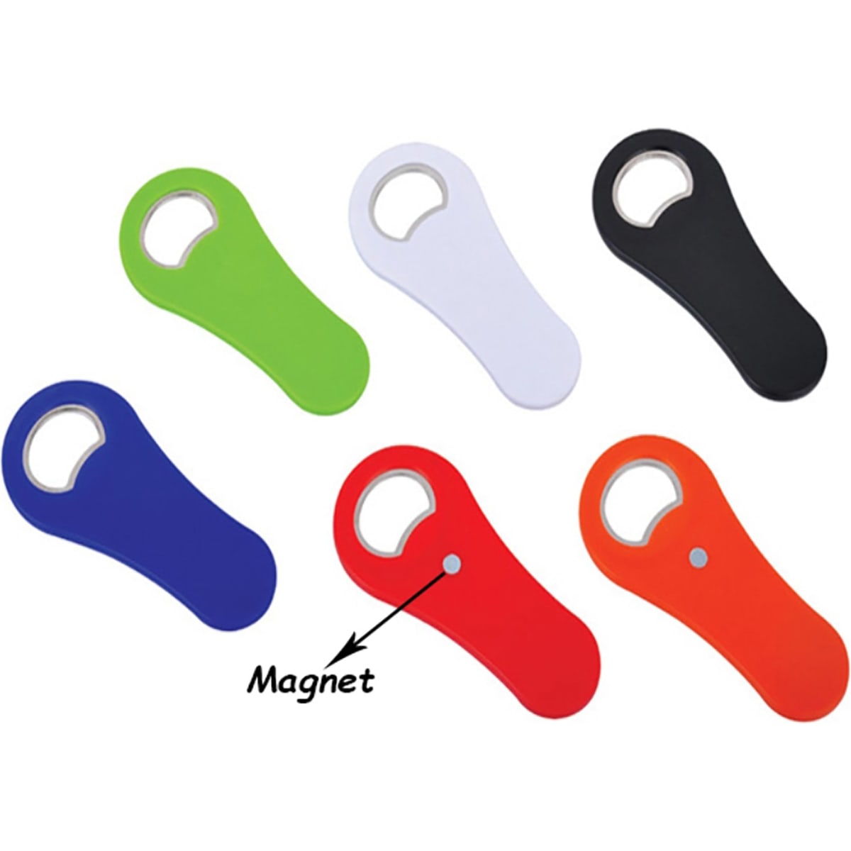 A drink bottle opener with a magnet, available in green, white, black, blue, red, and orange. Includes a logo.