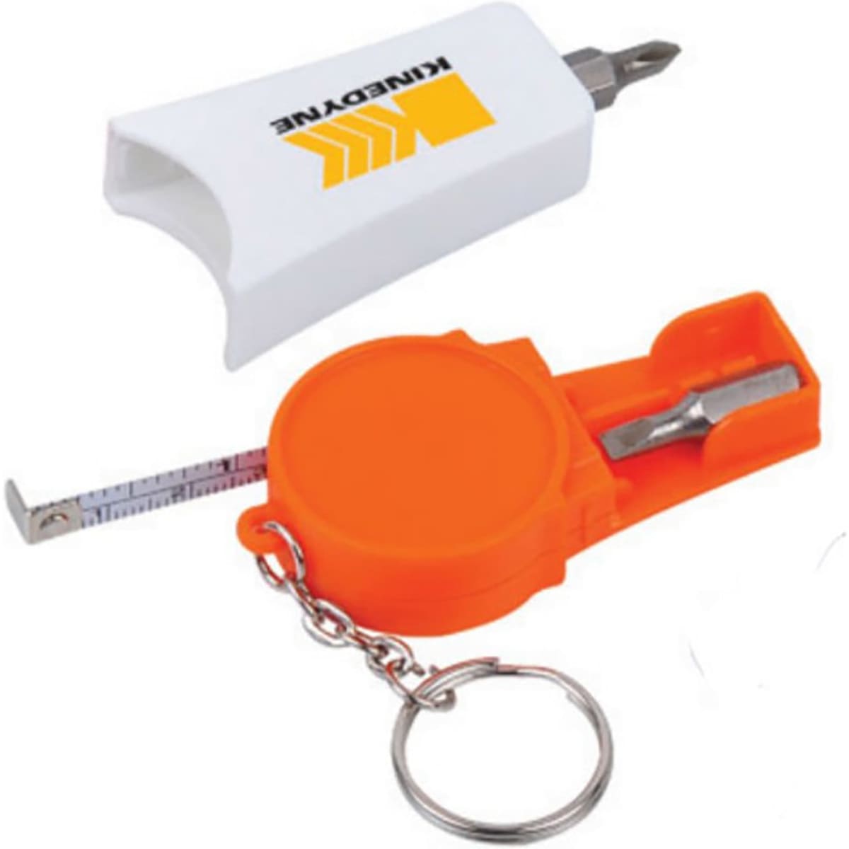A compact tool set featuring a white case with a screwdriver and an orange tape measure on a keyring.