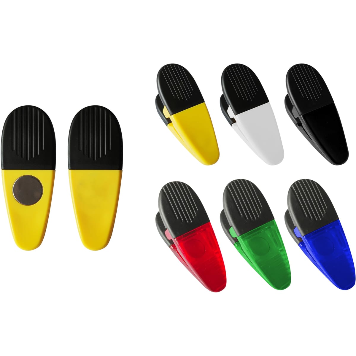 A set of clip products in yellow, black, white, red, green, and blue colours with a logo on each.