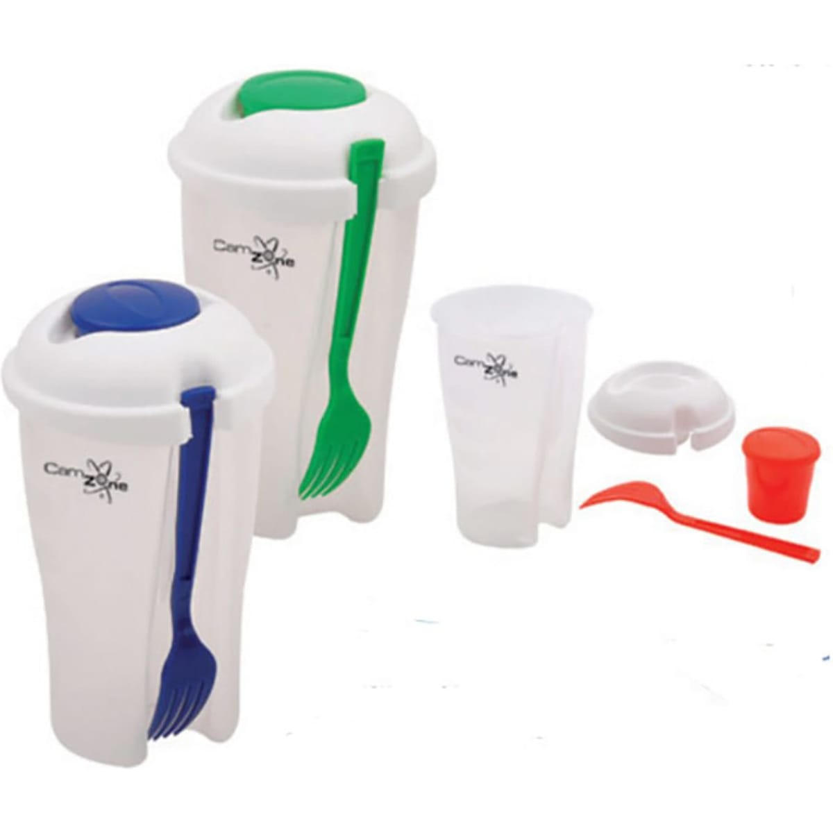 A drink bottle set featuring white containers with green and blue lids and forks, alongside a clear cup and red container.