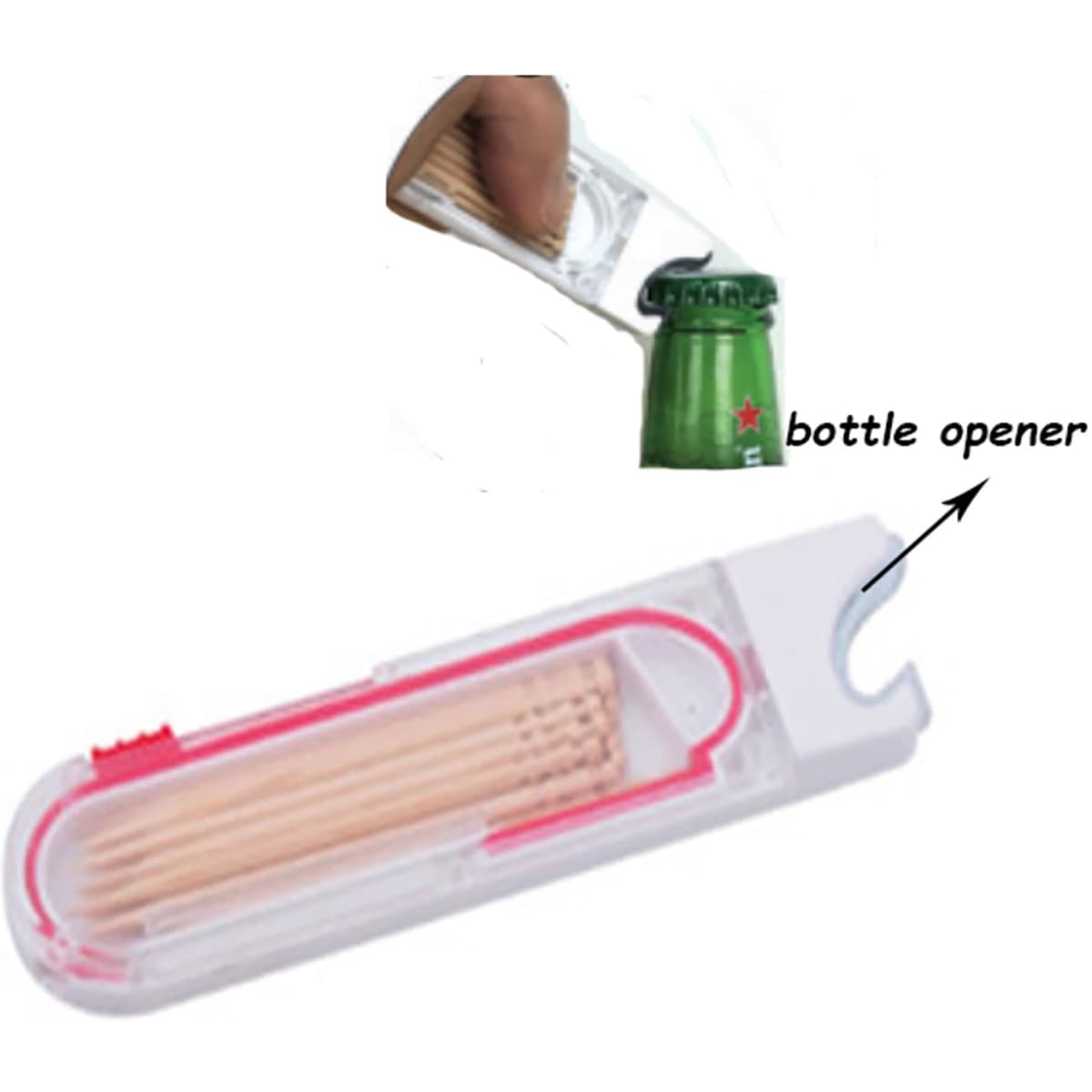 A drink bottle opener with a transparent case holding wooden toothpicks, featuring a branding logo. Predominantly white and red.