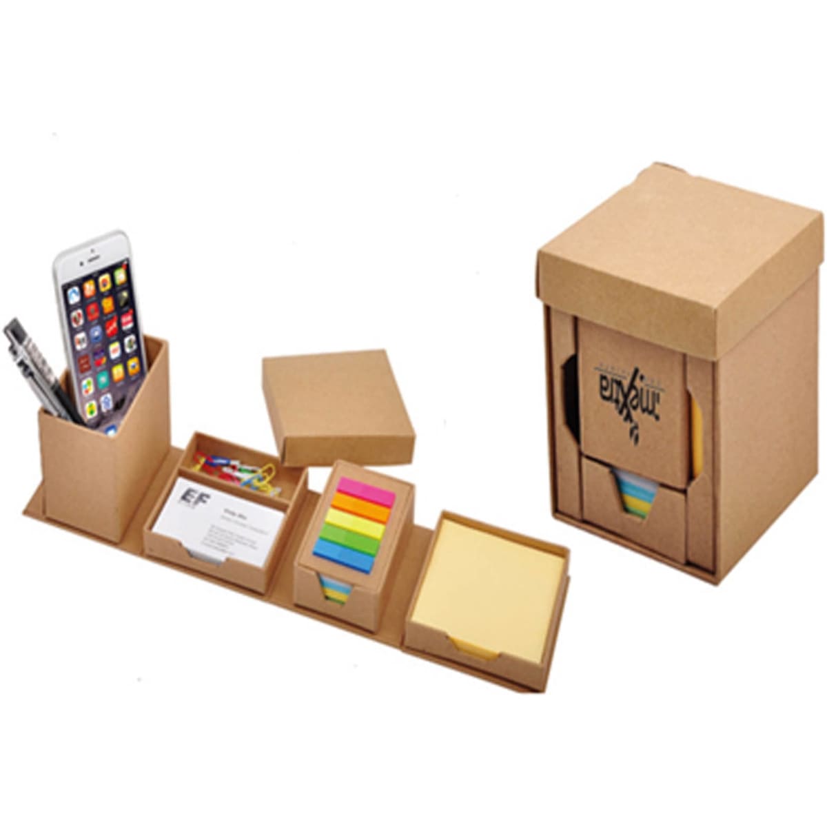 A memo holder in brown cardboard with compartments for sticky notes, pens, business cards, and a phone.
