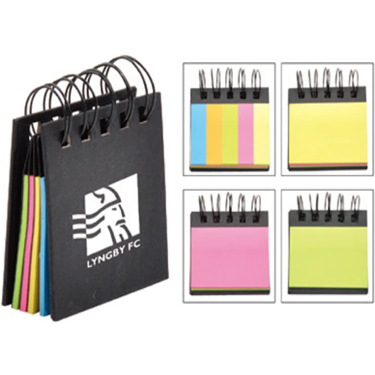 A memo holder with a black cover, featuring multi-coloured sticky notes in blue, pink, yellow, and green, and a logo.