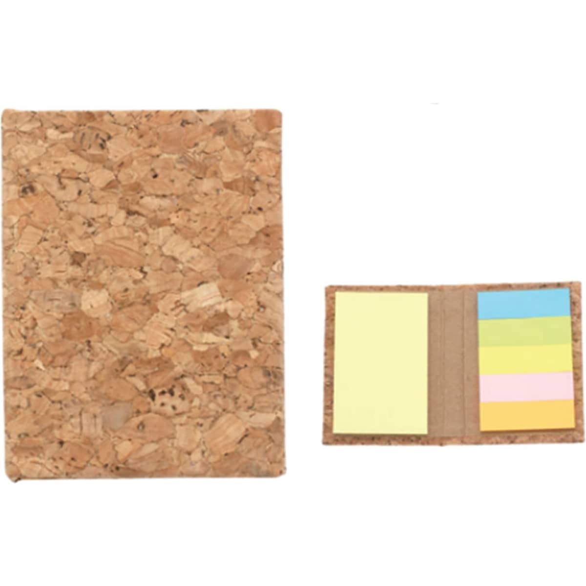 A cork notepad with a textured cork cover and a small set of colourful sticky notes. It has a logo on the front.