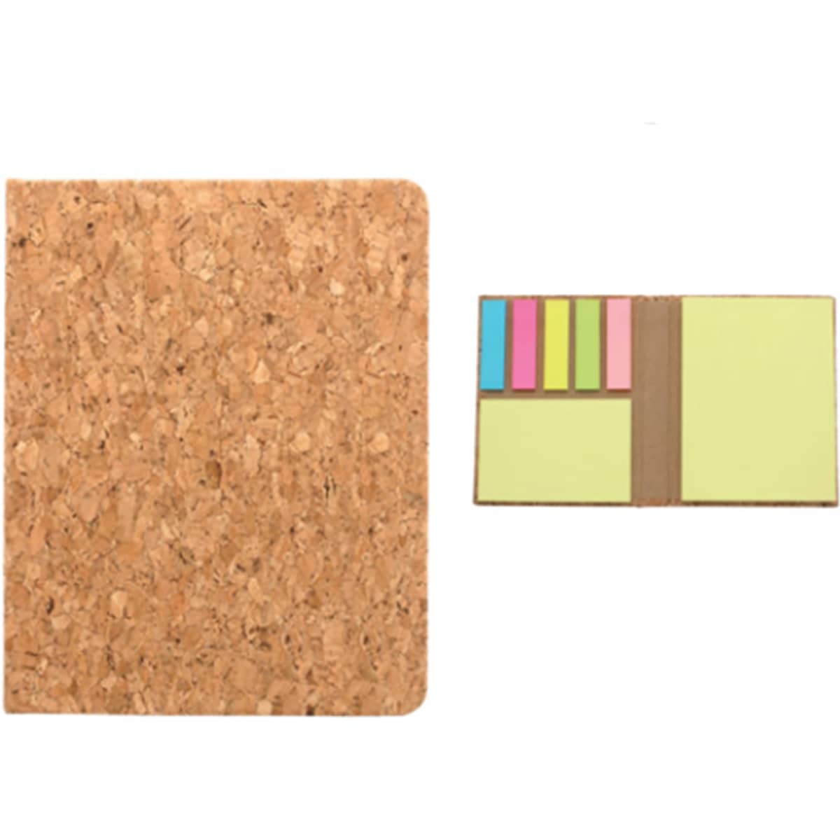 A cork notepad with a textured cover and a set of sticky notes in pastel colours. Includes a logo.