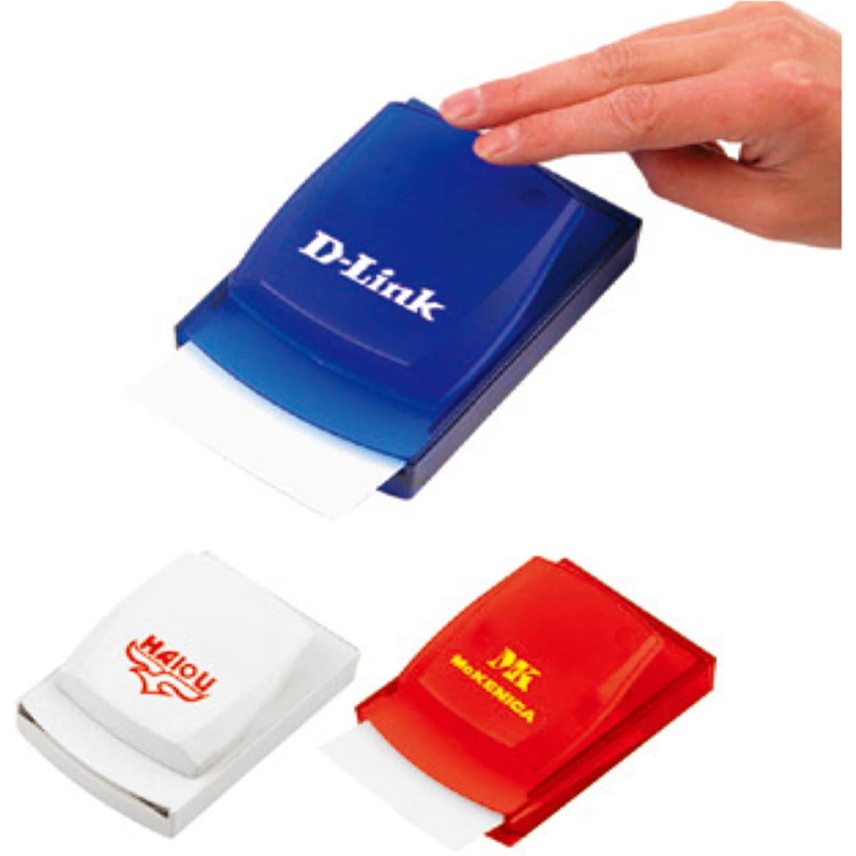 A collection of memo holders in blue, white, and red, showcasing a hand using the blue one. Each has a logo.