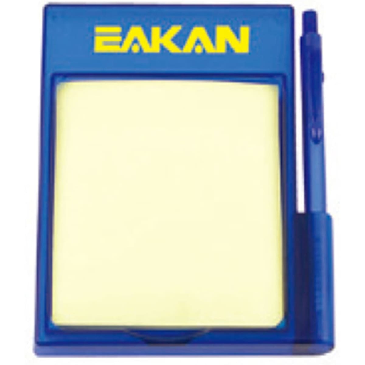 A blue memo holder with a yellow notepad and a blue pen attached. It features a logo.