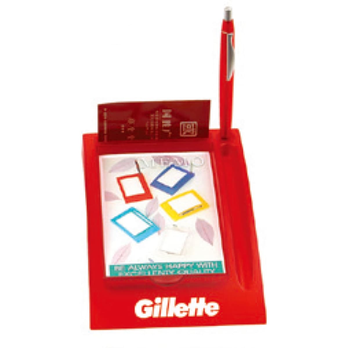A red memo holder with a pen, featuring several coloured note markers and a branding logo.
