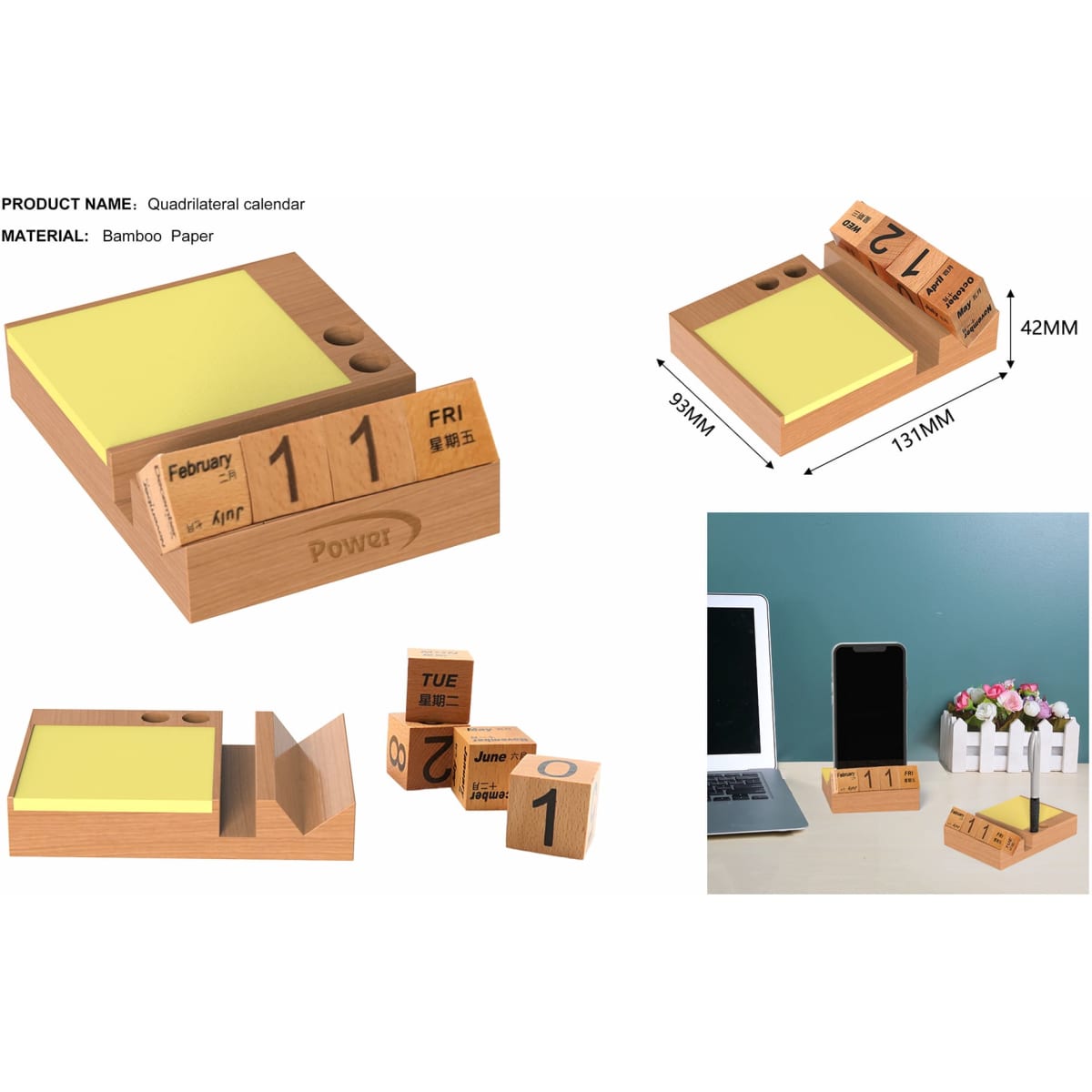A bamboo calendar and memo pad with wooden blocks for dates and days, featuring a yellow notepad.