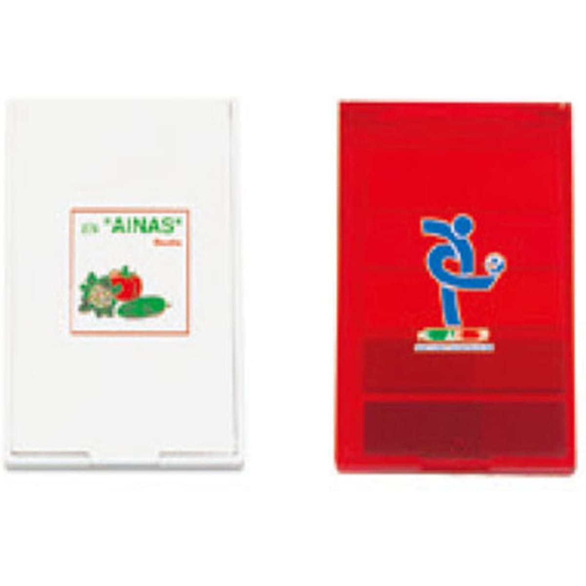 A white and a red memo holder, both featuring logos, designed for office use.