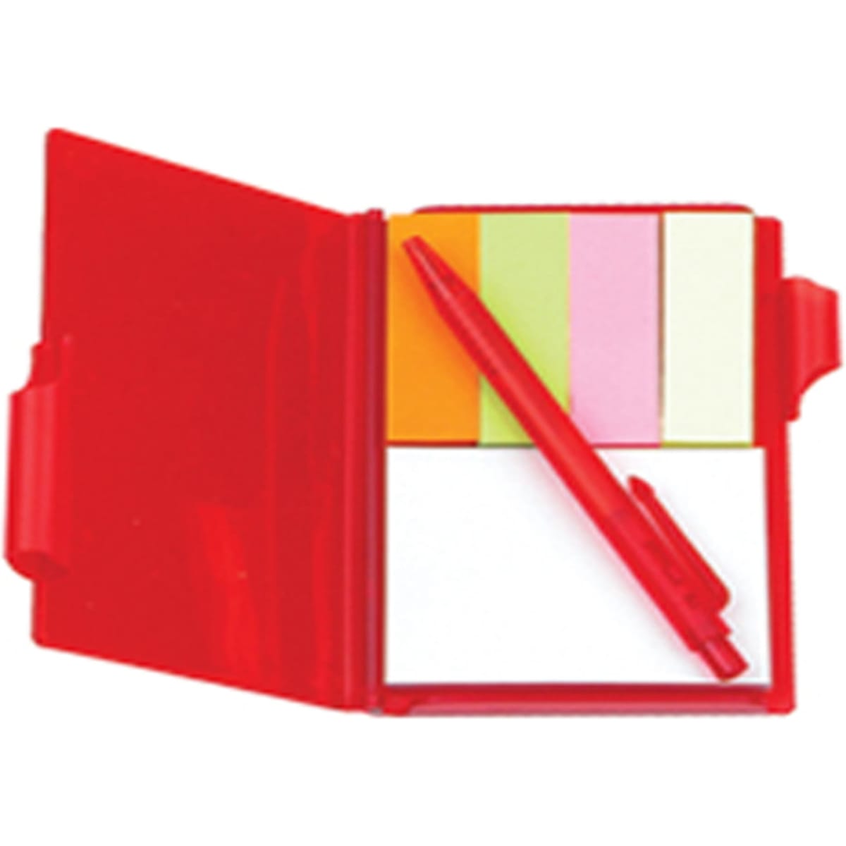 A red memo holder featuring sticky notes in various colours and a matching red pen.