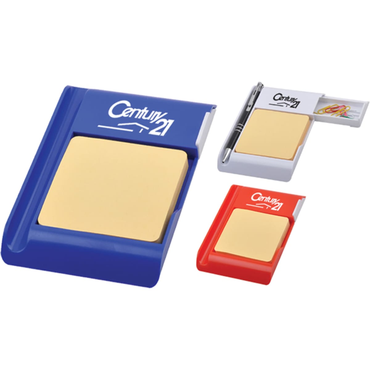 A memo holder with a clip, available in blue, red, and white, featuring a logo and a notepad.