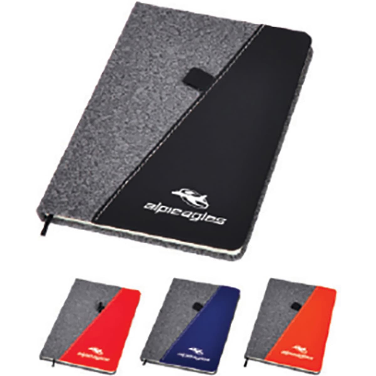 A grey notebook with a black flap and a logo, available in red, blue, and grey options.