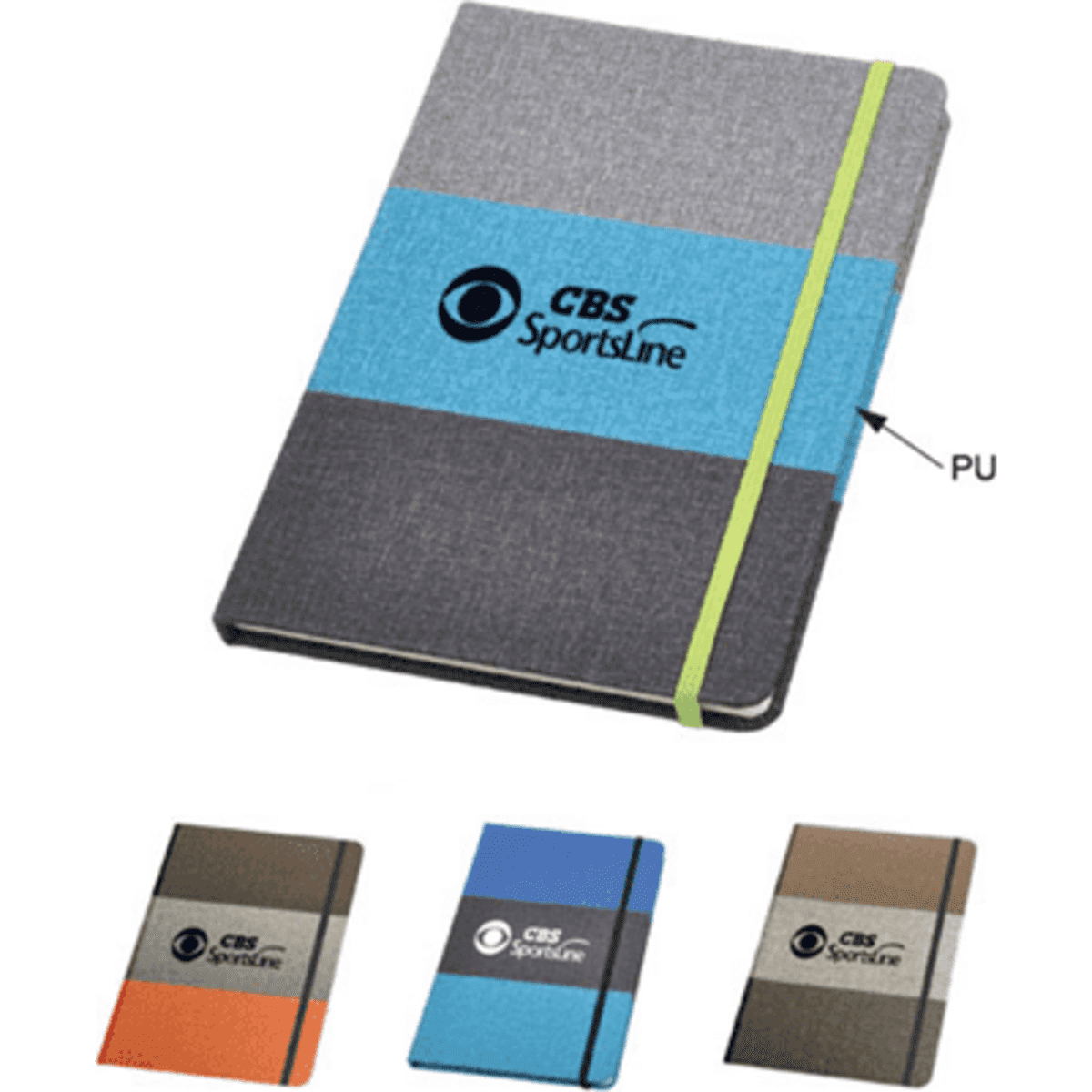 A notebook featuring a grey cover with blue and green accents, available in multiple colours, including orange and brown.