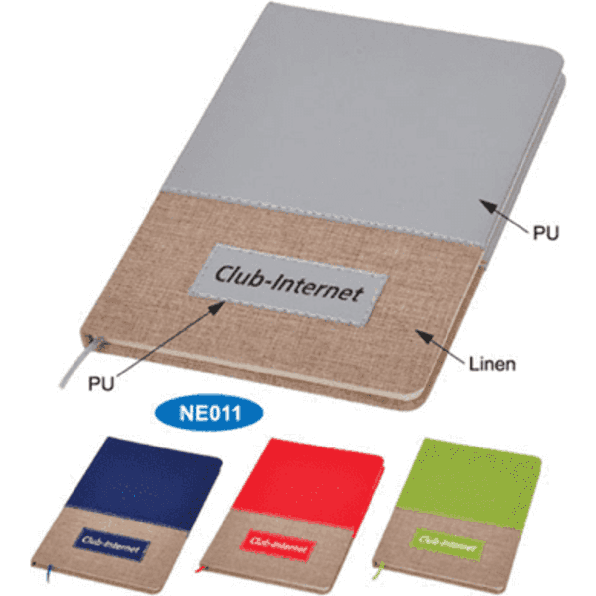 A notebook in grey and linen, featuring a branding logo, available in red, blue, and green options.
