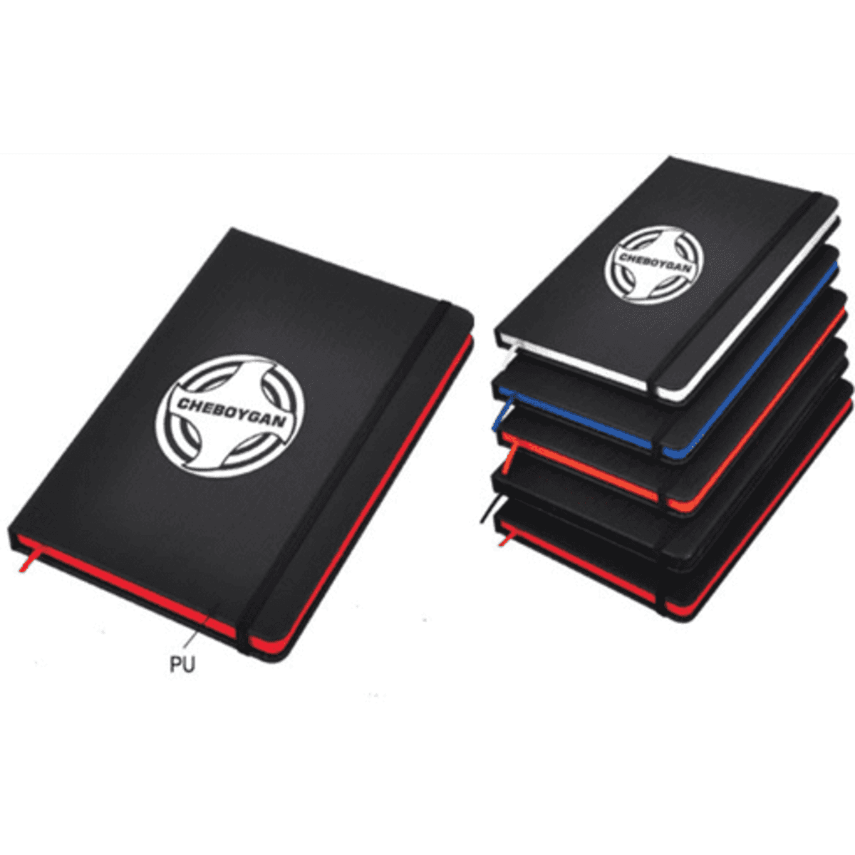 A set of notebooks in black, blue, and red, featuring a logo on the front cover. Each notebook has a contrasting edge.