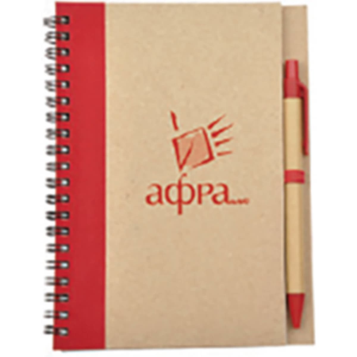 A spiral-bound notebook with a brown cover and a red accent, accompanied by a matching pen. The notebook features a logo.