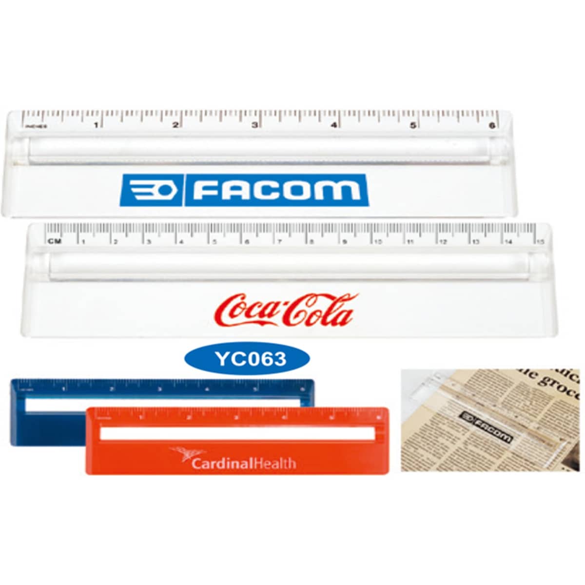 A set of clear plastic rulers in various colours: blue, red, and orange, featuring different logos.