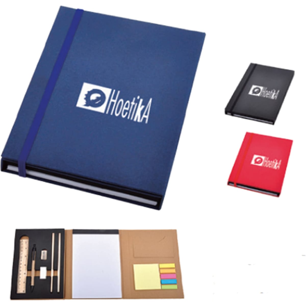 A blue PU notebook with a logo, accompanied by red and black smaller notebooks and stationery items like a ruler and sticky notes.