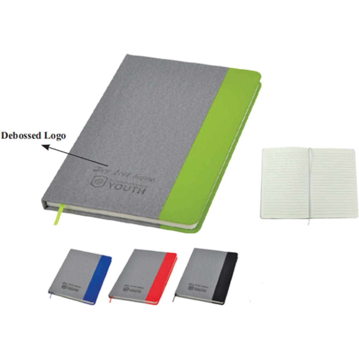 A PU notebook with a grey cover and green accent, available in blue, grey, black, and red options, featuring a debossed logo.