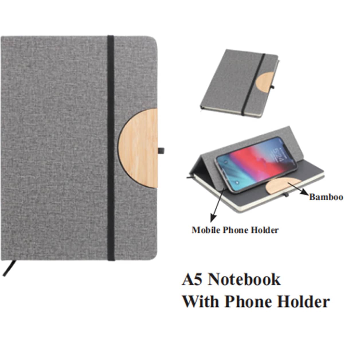 A5 notebook in grey fabric with a bamboo phone holder. Features an elastic band for closure.