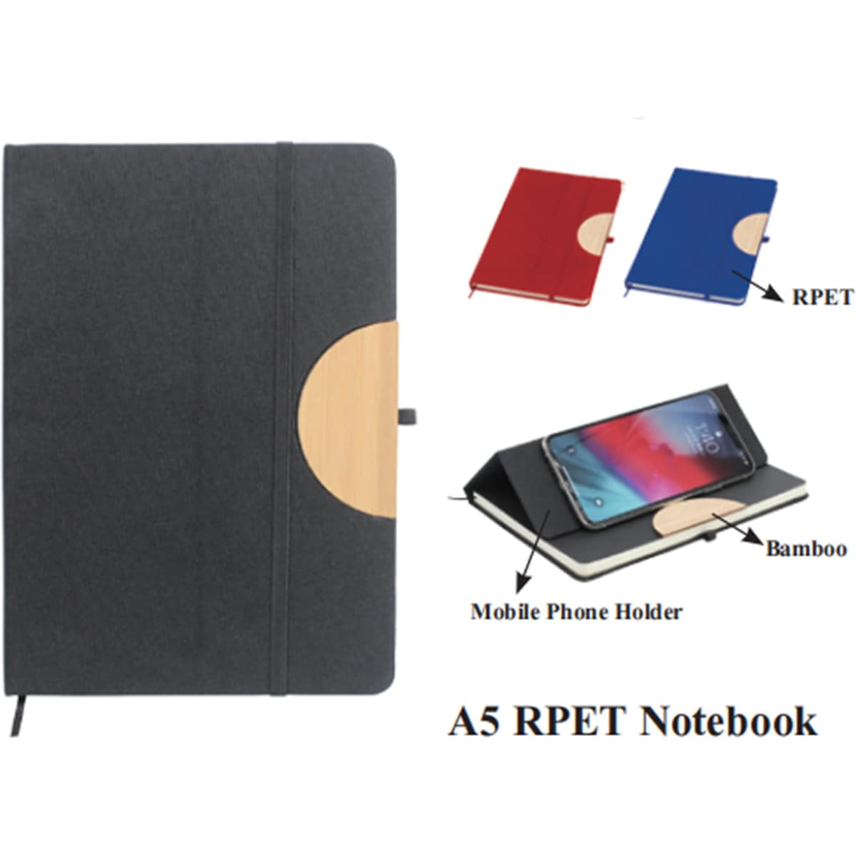 A5 RPET notebook in black with a bamboo accent and a mobile phone holder; also available in red and blue.