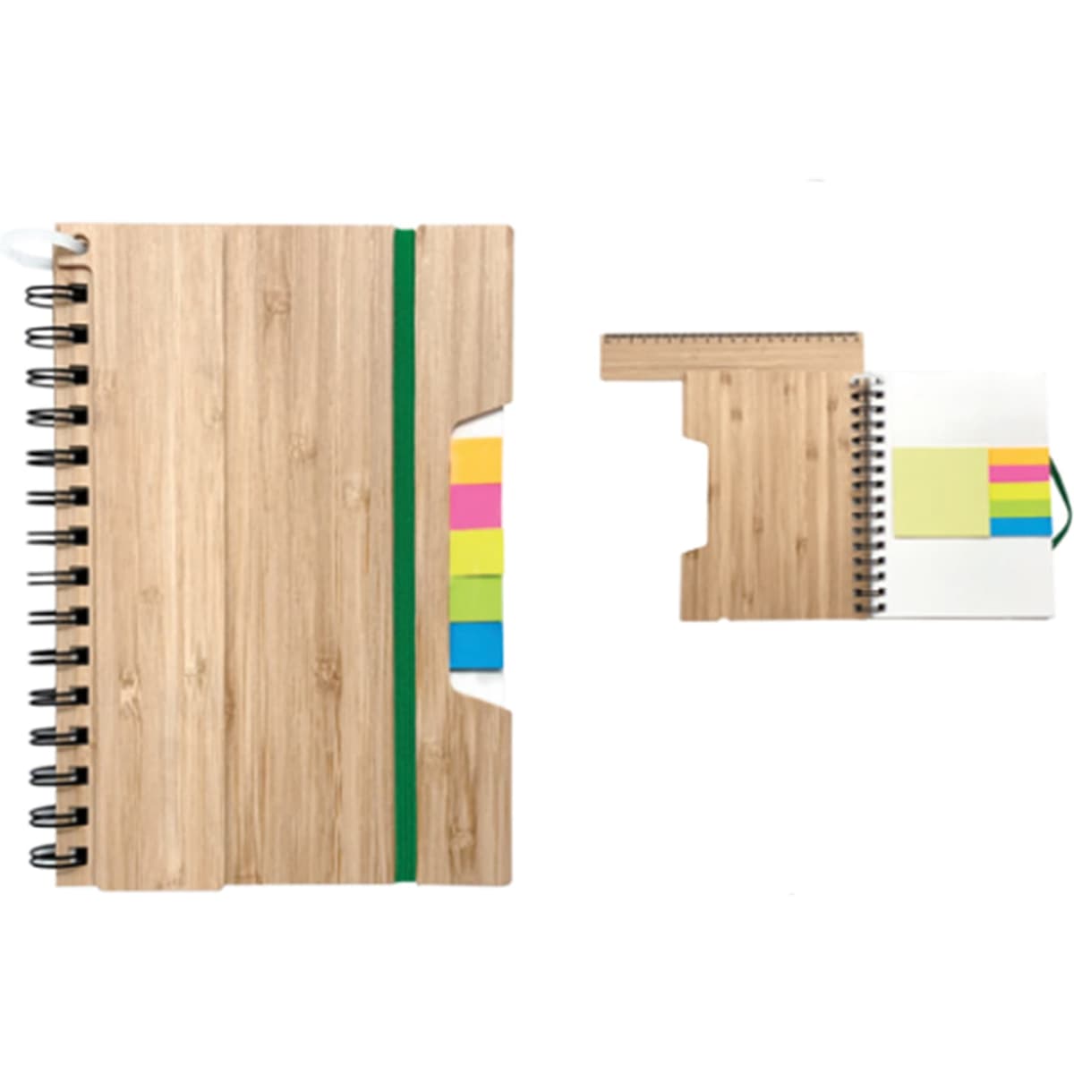 A5 notebook with a bamboo effect cover, green elastic band, and colourful sticky notes. It features a spiral binding.