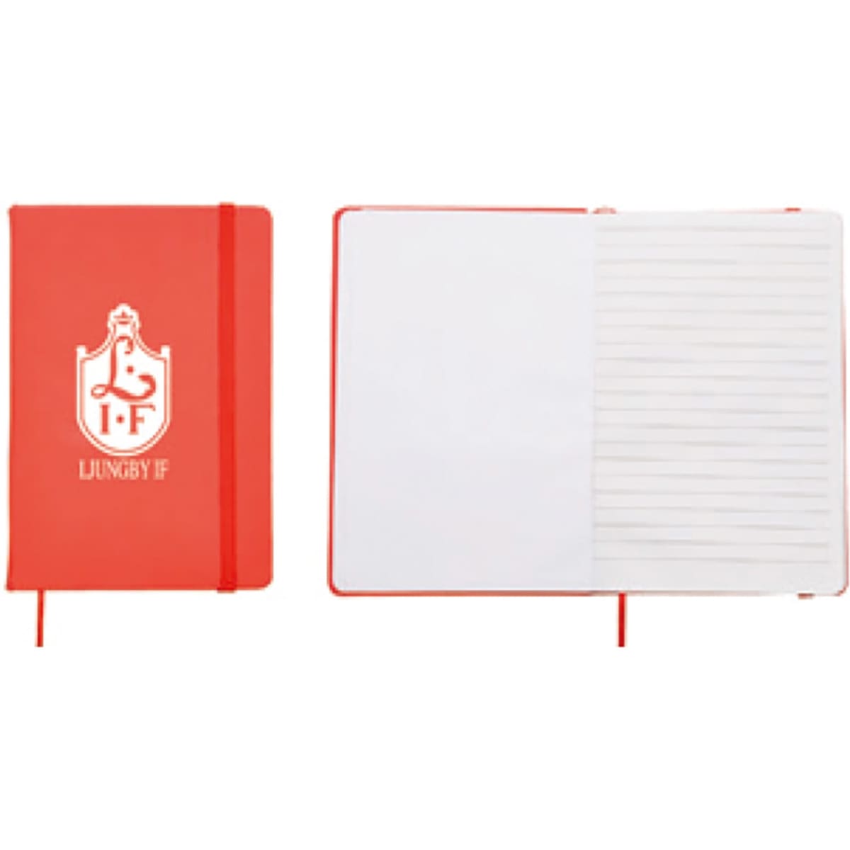A6 PU notebook in bright red with a logo, featuring lined pages and an elastic band closure.