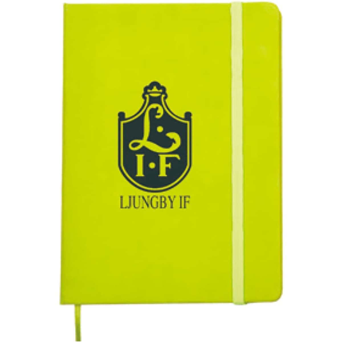A vibrant yellow A5 PU notebook with a logo on the cover and an integrated elastic band closure.