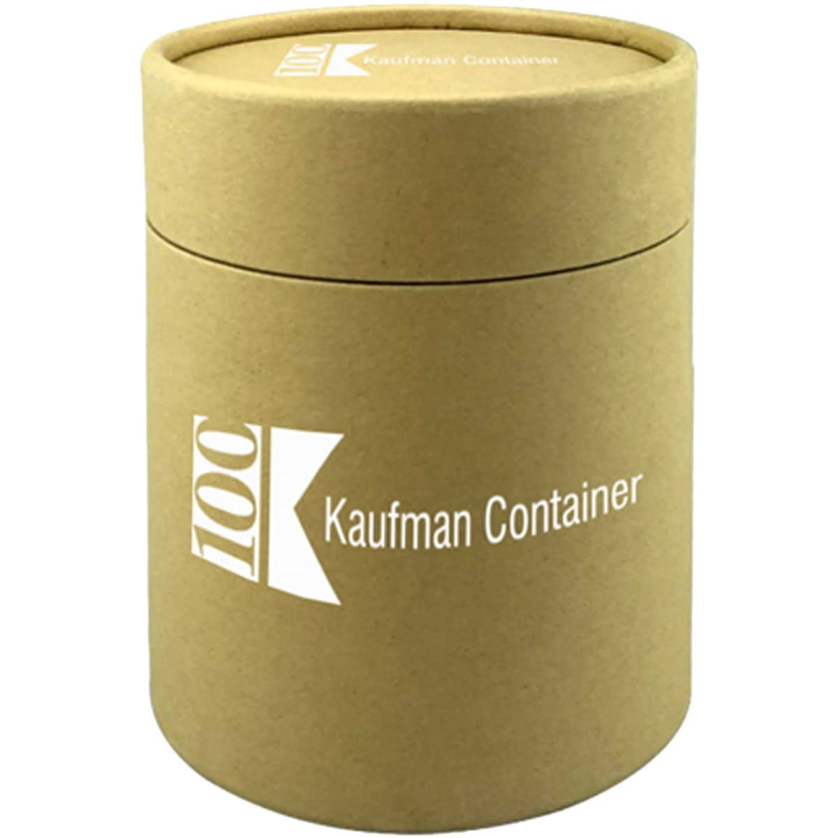 A cylindrical kraft paper container with a lid, featuring a logo. It is designed for packaging drinkware.