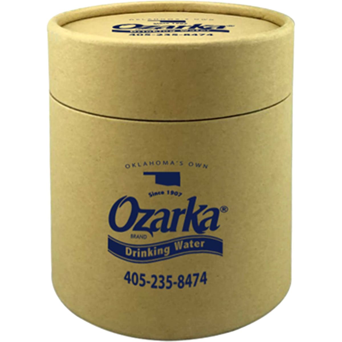 A cylindrical, brown cardboard container with a logo, featuring a lid and intended for holding drinkware.
