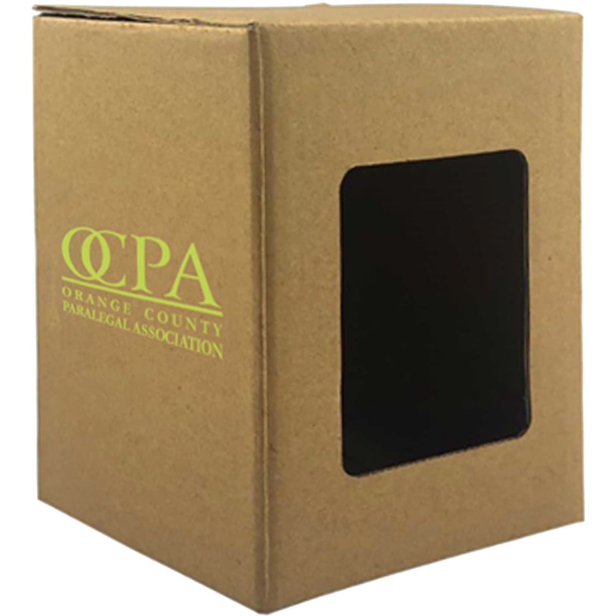 A cardboard gift box in brown with a clear window and a logo on the front. Suitable for packaging items.
