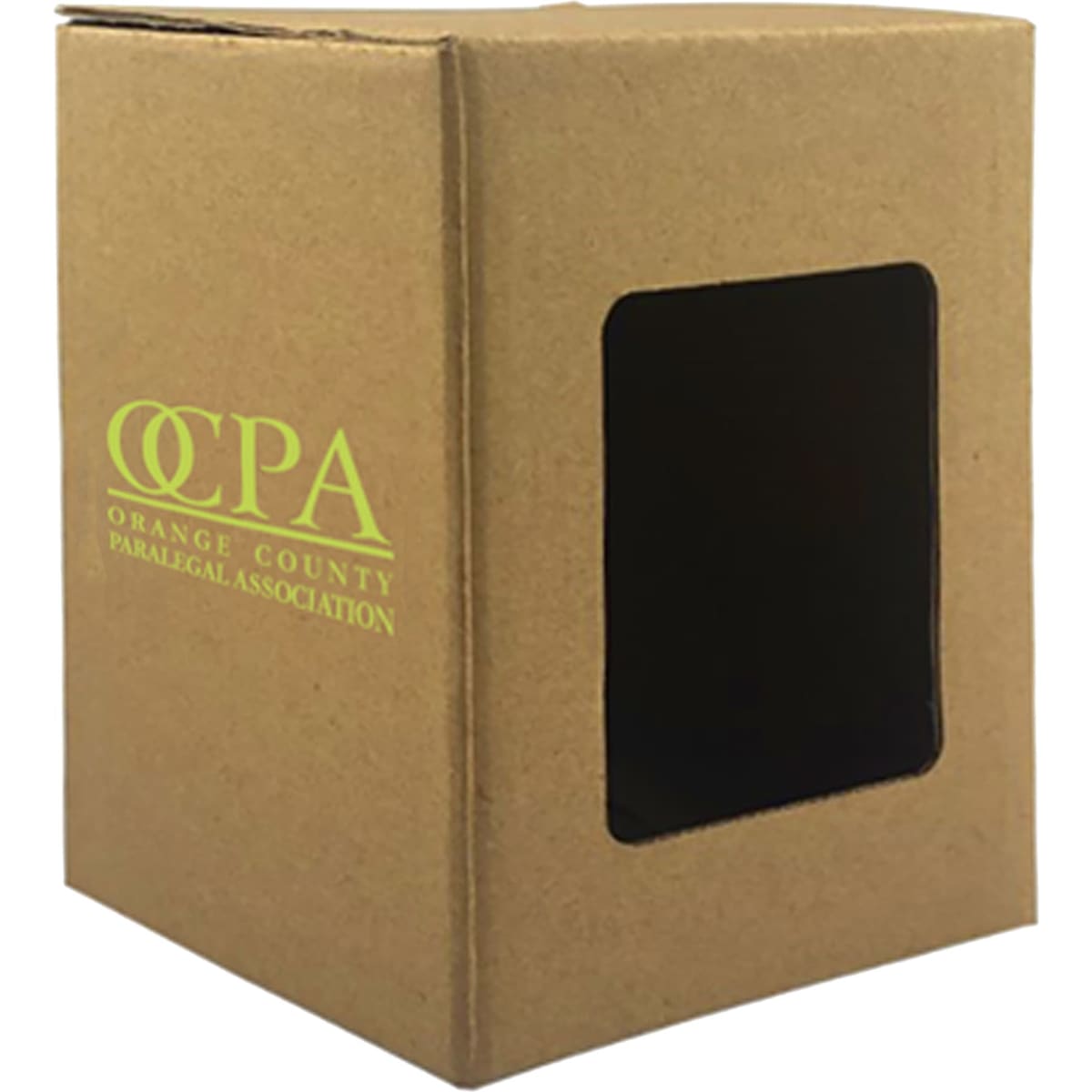 A cardboard gift box in brown with a clear window and a logo on one side.