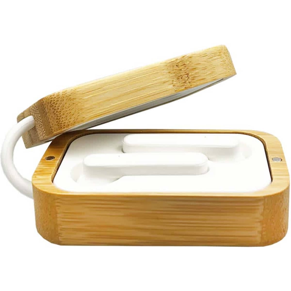 Bamboo wireless earbuds in a bamboo charging case, featuring a sleek design and a white interior.