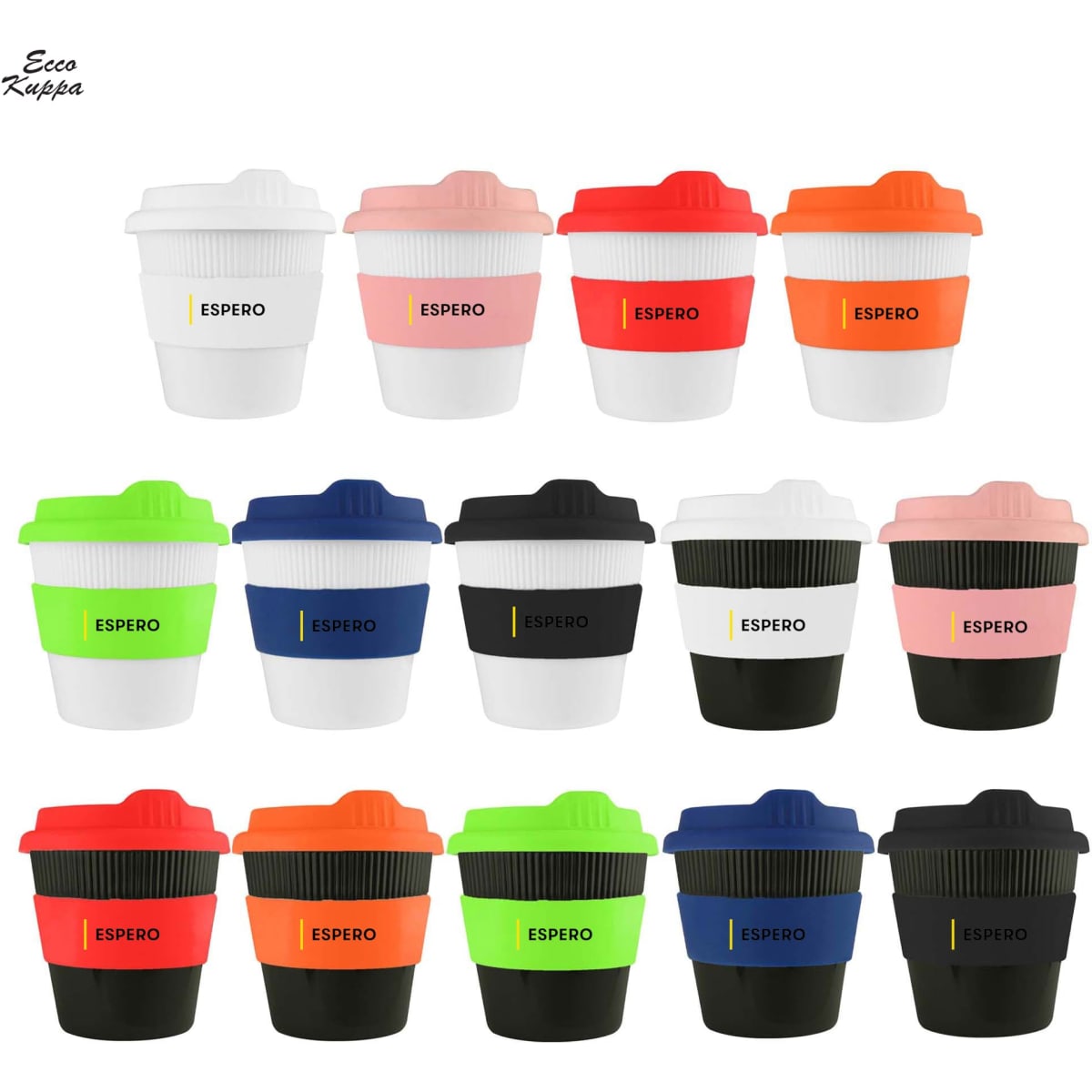 A collection of reusable coffee cups in various colours including white, pink, orange, green, blue, black, and red, featuring branding.