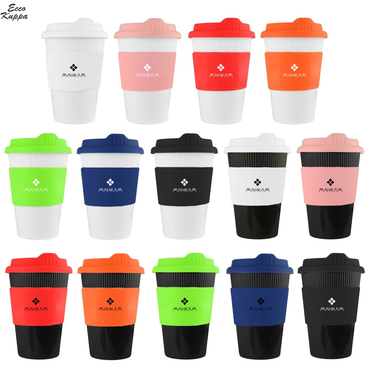 A collection of reusable coffee cups in various colours, featuring different lid styles and a logo on each cup.