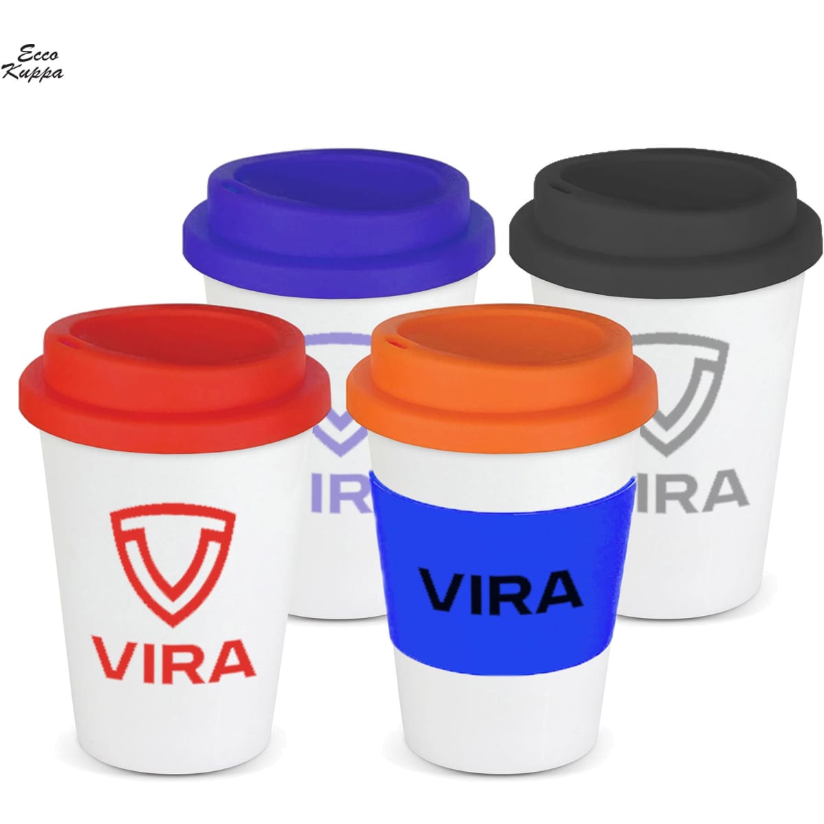 A drink bottle featuring four reusable coffee cups in black, blue, orange, and purple with lids, each with a logo.