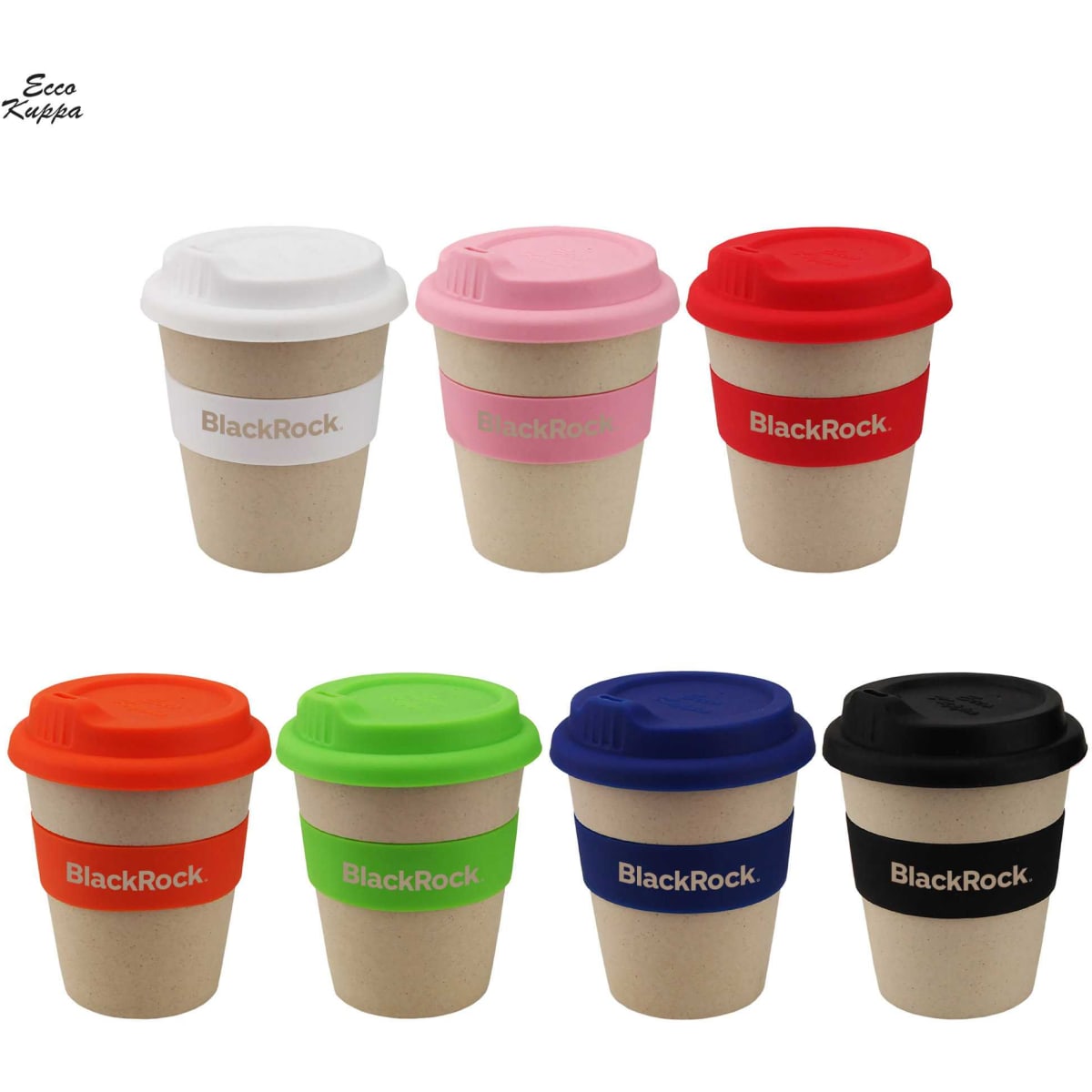 A set of reusable coffee cups in various colours: white, pink, orange, green, black, and blue, each with a lid and branding.
