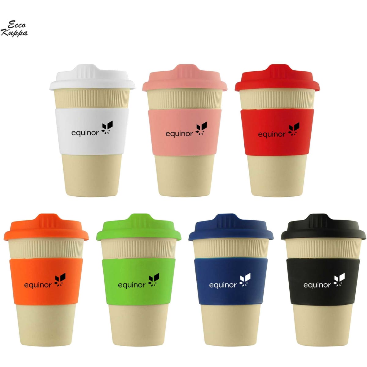A range of reusable coffee cups in pastel and bold colours, featuring silicone sleeves and branding.