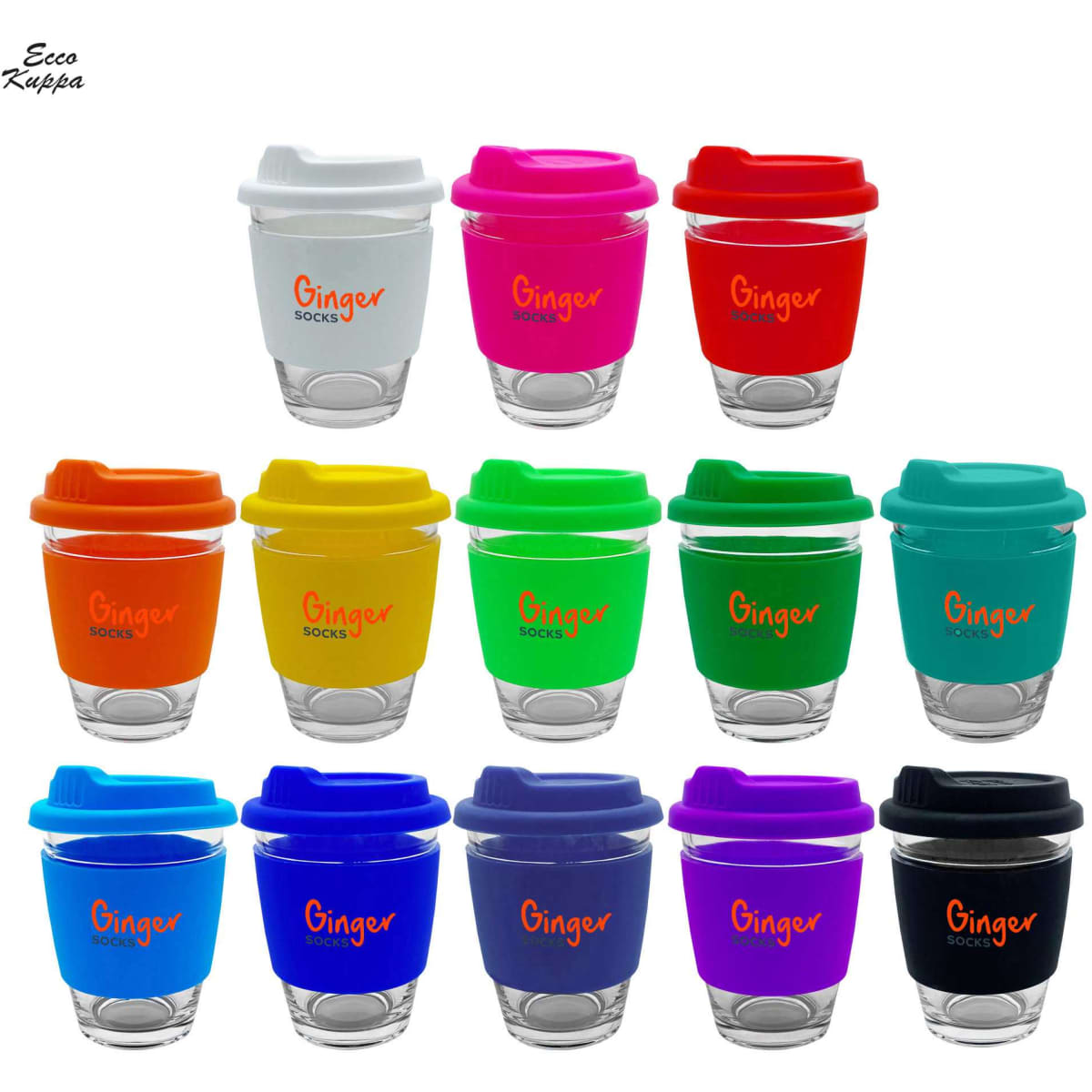 A collection of reusable coffee cups in various colours, featuring silicone sleeves and lids, with a logo.