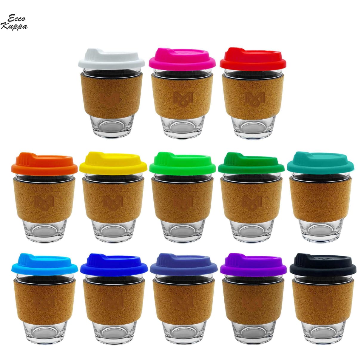 A collection of reusable glass coffee cups with cork bands, featuring various brightly coloured lids.