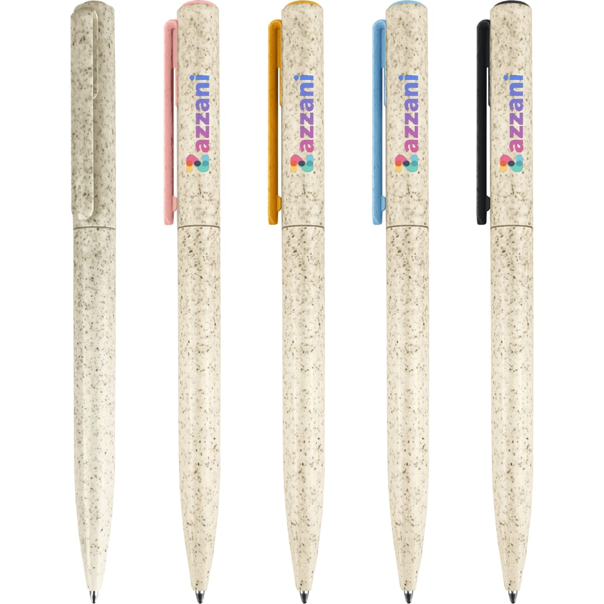 A collection of Zara Eco Pens in various colours: pink, orange, blue, and black, featuring a logo on each pen.