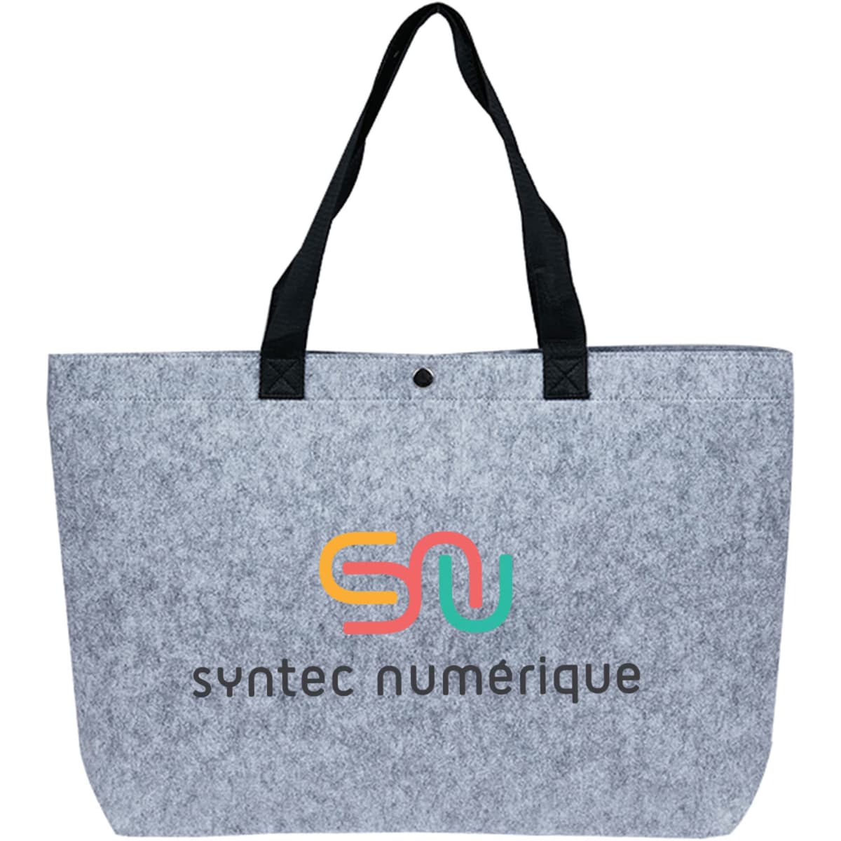 A grey tote bag with black handles and a logo printed on the front.
