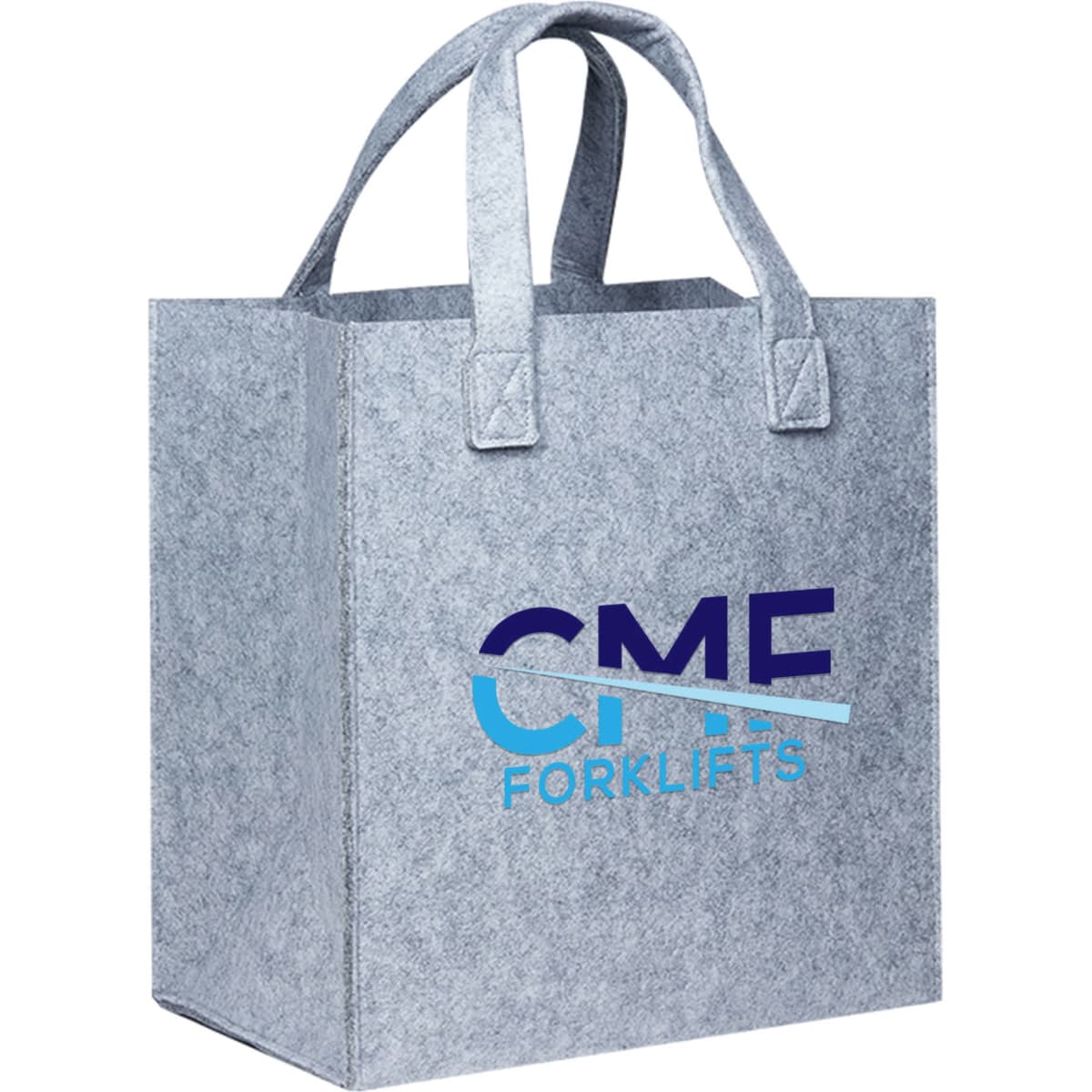 A grey felt tote bag with sturdy handles and a logo on one side.