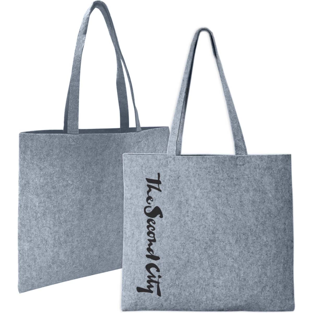 A grey felt tote bag with two handles and a logo on one side.